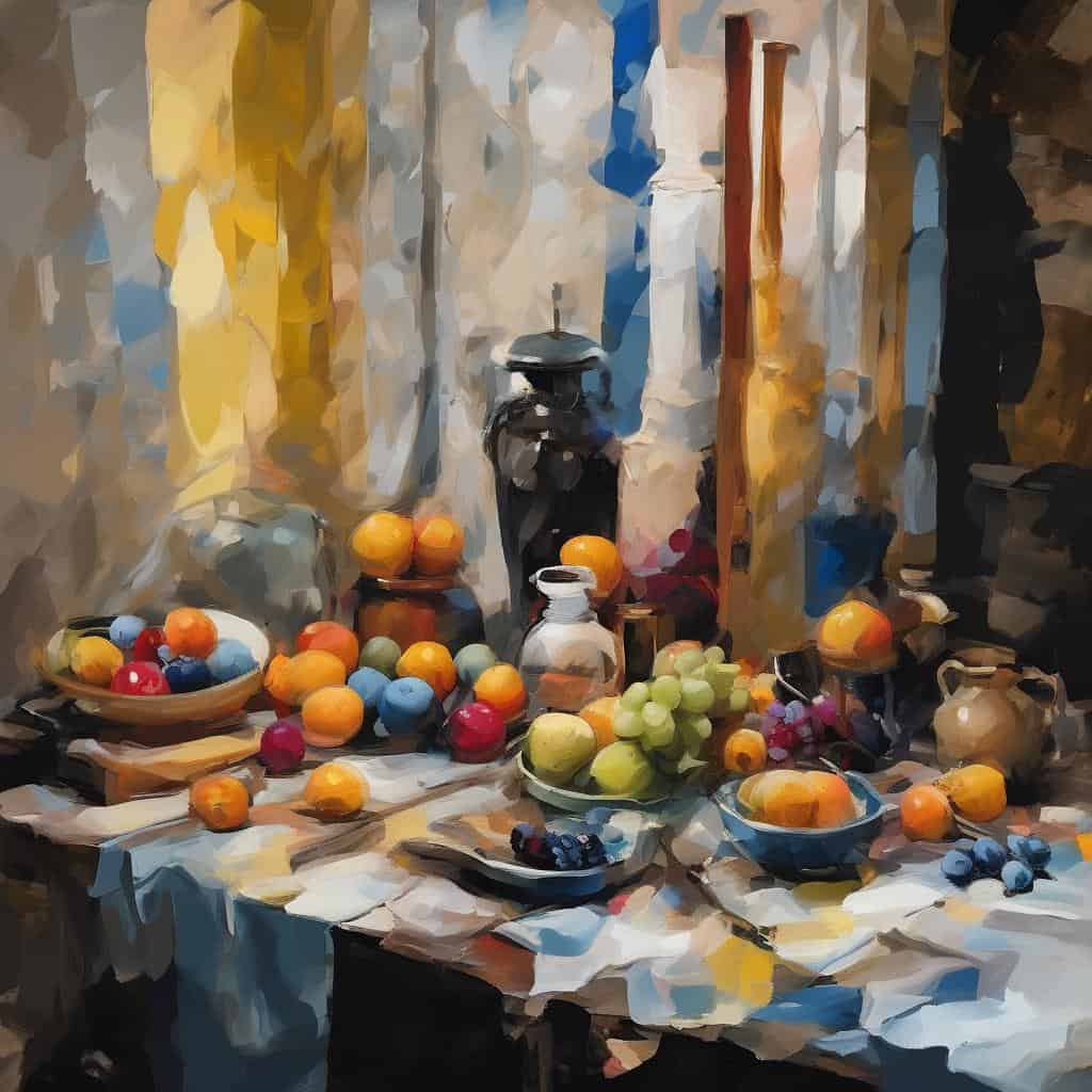 Νομισματικό still life με φρούτα και παραδοσιακά σκεύη, σε ζωγραφική απεικόνιση.