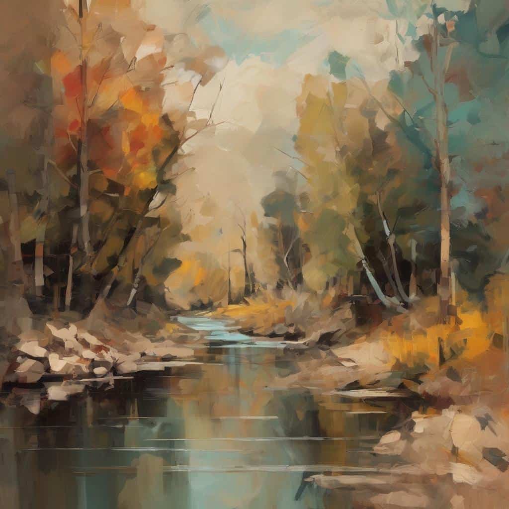 Ζωγραφιά τοπίο με ποταμό, φθινοπωρινά δέντρα σε ανοιξιάτικο στυλ, τέχνη και ανάλυση έργων ζωγραφικής, καλλιτεχνικές βιογραφίες.