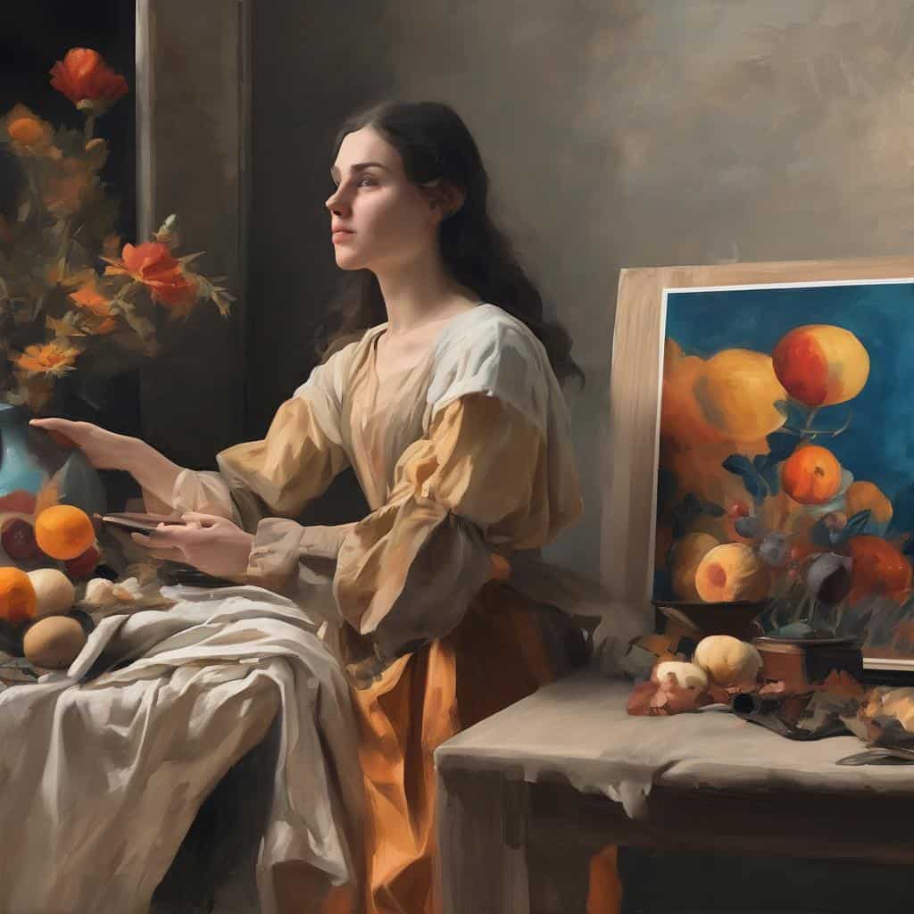 Φωτογραφία νεαρού καλλιτέχνη στην αίθουσα τέχνης, ζωγραφική και αναλύσεις έργων τέχνης.