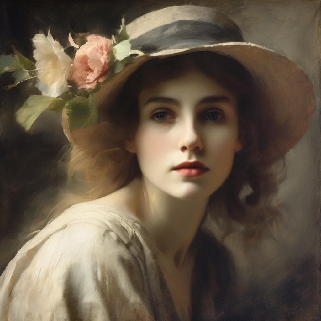 Ομορφη γυναίκα με καπέλο και λουλούδια, εκπροσώπηση καλλιτεχνικών έργων, βιογραφίες καλλιτεχνών, ανάλυση έργων ζωγραφικής, τέχνη και πολιτισμός.