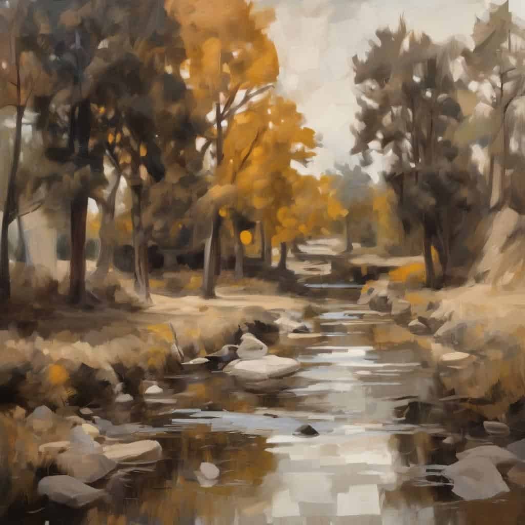 καταπληκτικό τοπίο ποταμού με φθινοπωρινά δέντρα, oil painting, έγχρωμο, φυσική ατμόσφαιρα, art, φύση, τοπίο, βιβλιογραφία, καλλιτέχνες.