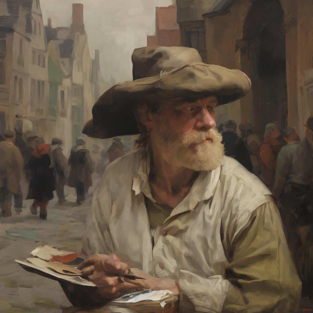 Παλιός άνδρας με μεγάλο καπέλο σε ζωγραφική σκηνή δρόμου, ανάλυση έργων τέχνης και βιογραφίες καλλιτεχνών.