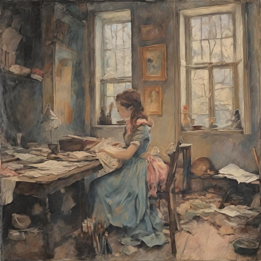 Άνθρωπος γυναίκα διαβάζει σε εργαστήριο ζωγραφικής με πολλά κουτιά και πίνακες, φυσικό φως από παράθυρα.